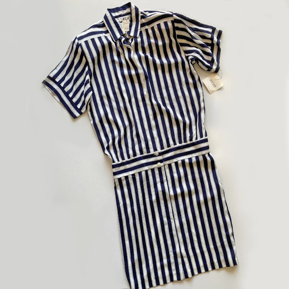Vintage Retro 1980s DATIANI Navy & White Vertical Stripe Dress Size 12 *NWT